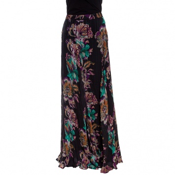 Pre Owned Etro Black Floral Printed Crinkled Silk Maxi Skirt M