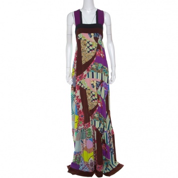 Pre Owned Etro Multicolor Printed Silk Square Neck Maxi Dress L