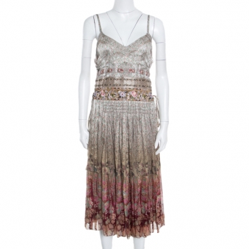Pre Owned Etro Ivory Rose Floral Printed Silk Sequin Embellished Striated Ombré Sundress L
