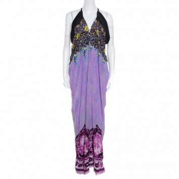 Pre Owned Etro Lavender and Black Floral Printed Sleeveless Draped Maxi Dress L