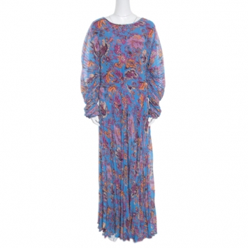 Pre Owned Etro Blue Ornate Floral Printed Silk Lined Pleated Maxi Dress L