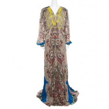 Pre Owned Etro Multicolor Paisley Printed Silk Plunge Neck Maxi Dress L