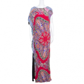 Pre Owned Etro Multicolor Paisley Printed Asymmetric Draped Maxi Dress L