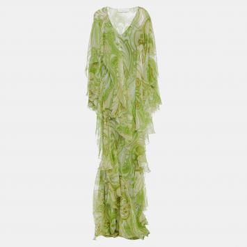 Pre Owned Etro Green Printed Silk Ruffled Maxi Dress M (IT 44)