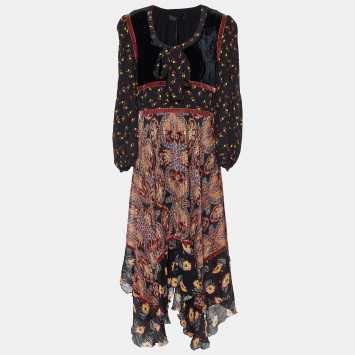Pre Owned Etro Multicolor Print Silk and Velvet Asymmetrical Midi Dress L
