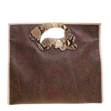 Pre Owned Etro Brown/Beige Paisley Coated Canvas Python Embossed Detail Bag