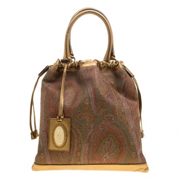 Pre Owned Etro Gold Paisley Printed Fabric and Leather Drawstring Shopper Tote