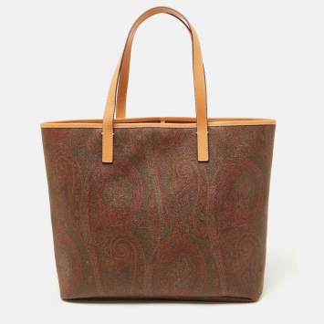 Pre Owned Etro Brown Paisley Printed Coated Canvas and Leather Shopper Tote