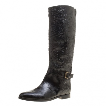 Pre Owned Etro Black Paisley Embossed Leather Knee High Boots Size 41