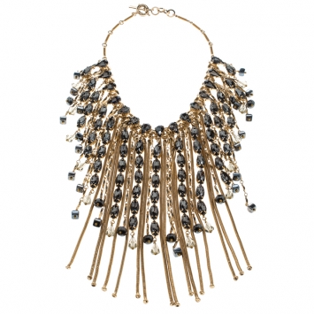 Pre Owned Etro Crystal Studded Gold Tone Tassel Drop Statement Necklace
