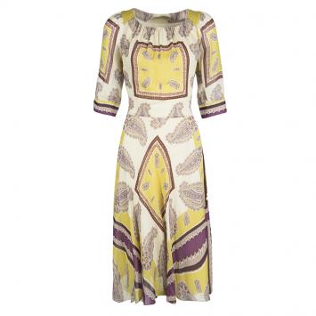 Pre Owned Etro Cream Paisley Printed Silk Short Sleeve Waist Tie Detail Dress M