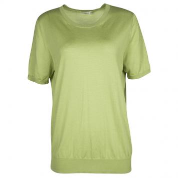 Pre Owned Etro Green Wool Silk Rib Trim Short Sleeve Sweater L