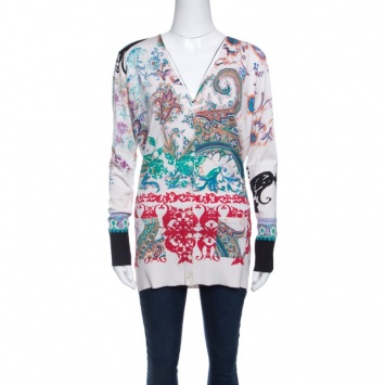 Pre Owned Etro Multicolor Printed Silk Knit Button Front Long Sleeve Cardigan M