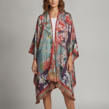 Pre Owned Etro Multicolor Floral Jacquard Fringed Cape One Size 