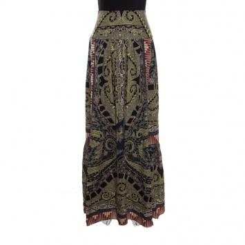 Pre Owned Etro Multicolor Printed Silk Pleat Detail Maxi Skirt S