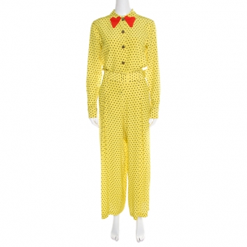 Pre Owned Etro Yellow and Black Polka Dotted Silk Shirt and Pants Set M