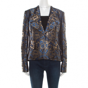 Pre Owned Etro Blue and Gold Lurex Embroidered Jacquard Jacket L