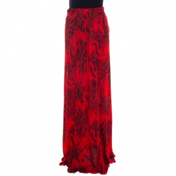Pre Owned Etro Red Paisley Print Jersey Draped Maxi Skirt S