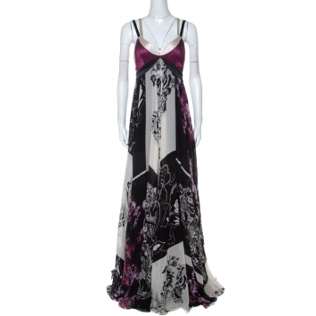 Pre Owned Etro Lavender and Black Floral Printed Silk Draped Maxi Dress M