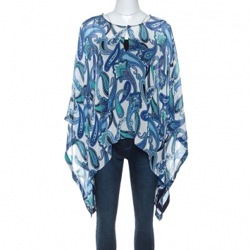 Pre Owned Etro Blue Paisley Print Chiffon Poncho Top L 