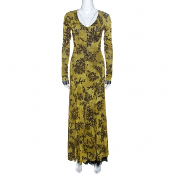 Pre Owned Etro Olive Green Printed Knit Flared Maxi Dress L