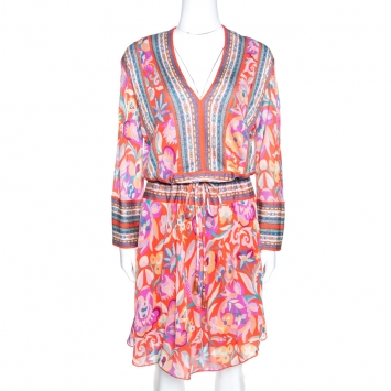 Pre Owned Etro Orange Floral Print Knit Drawstring Waist Flared Dress M