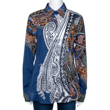 Pre Owned Etro Midnight Blue Tribal Accent Paisley Print Stretch Cotton Shirt L