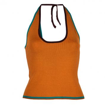 Pre Owned Etro Orange Ribbed Knit Halterneck Top M