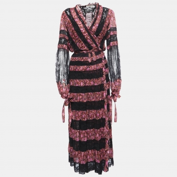 Pre Owned Etro Black Floral Printed Cotton and Lace Wrap Maxi Dress L