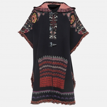 Pre Owned Etro Black Patterned Wool Fringe Detail Hooded Cardigan M