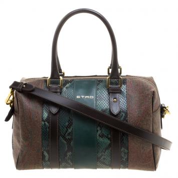 Pre Owned Etro Green Paisley Print and Python Embossed Leather Bowling Bag