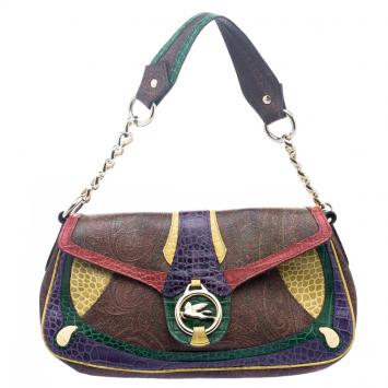 Pre Owned Etro Multicolor Paisley Printed Croc Embossed Leather Shoulder Bag