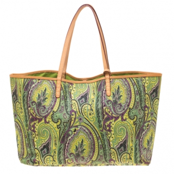 Pre Owned Etro Green Paisley Printed Coated Canvas Shopper Tote