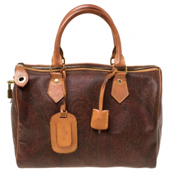 Pre Owned Etro Brown Paisley Printed Coated Canvas and Leather Boston Bag             