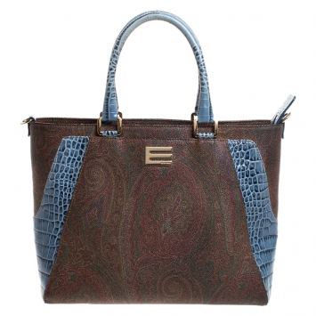 Pre Owned Etro Brown/Blue Paisley Print Coated Canvas and Croc Embossed Leather E Logo Tote