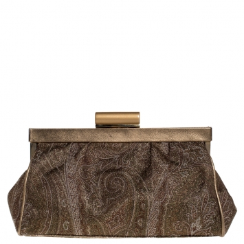 Pre Owned Etro Metallic Gold/Green Paisley Print Lame Fabric Frame Clutch