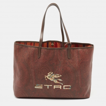 Pre Owned Etro Brown Paisley Print Coated Canvas Sequin Logo Shopper Tote
