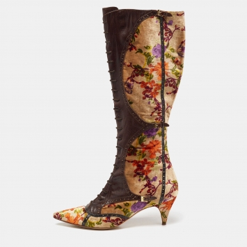 Pre Owned Etro Multicolor Leather and Floral Printed Velvet Knee Length Boots Size 39.5