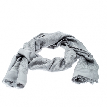 Pre Owned Fendi Rayy Grey Signature FF Pattern Silk Jacquard Fringed Edge Scarf
