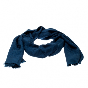 Pre Owned Fendi Bluebird Signature FF Pattern Silk Jacquard Fringed Edge Scarf