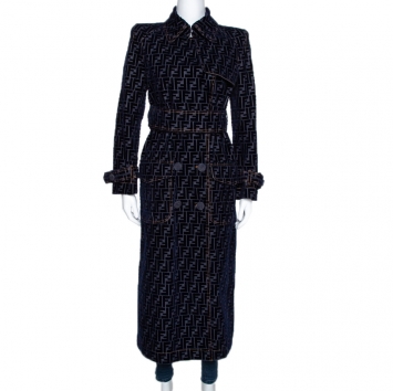 Pre Owned Fendi Blue Zucca Flock Printed Denim Belted Trench Coat S