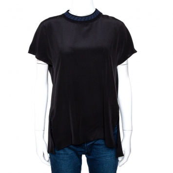 Pre Owned Fendi Black Silk Ribbed Logo Neck Trim Detail Top S