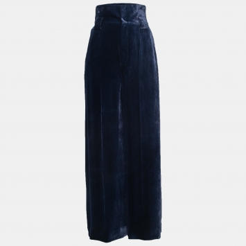 Pre Owned Fendi Blue Velvet High Waist Wide Leg Trousers S