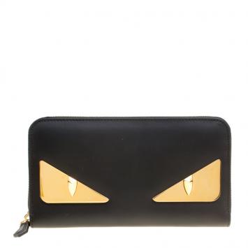 Pre Owned Fendi Black Leather Metallic Monster Eyes Bugs Zip Around Wallet