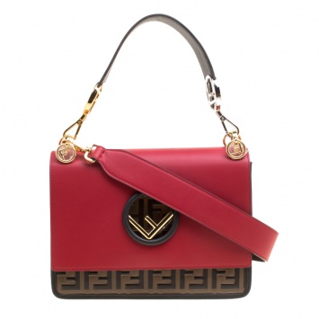 Pre Owned  Fendi Red/Brown Leather Kan I Logo Embossed Top Handle Shoulder Bag