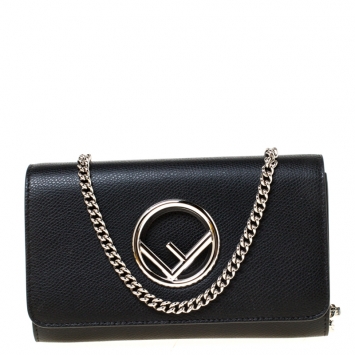 Pre Owned Fendi Black Leather Wallet on Chain
