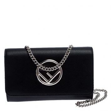 Pre Owned Fendi Black Leather F Chain Clutch