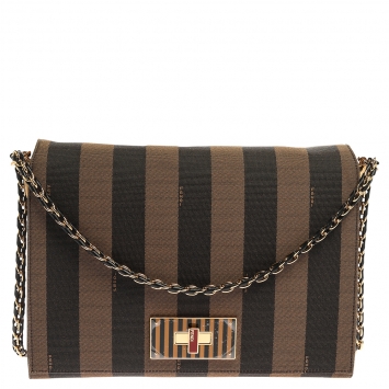 Pre Owned Fendi Tobacco Pequin Canvas Large Claudia Shoulder Bag