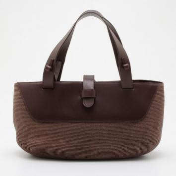 Pre Owned Fendi Brown Leather and Straw Tote Bag