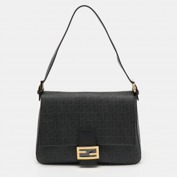 Pre Owned Fendi Black Zucchino Canvas and Leather Mama Forever Shoulder Bag